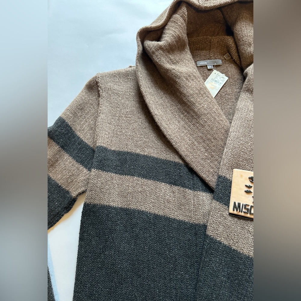 Vince Open Front Hooded Sweater Sz L Wool  Alpaca Cashmere Color-bloc Striped KC - Picture 4 of 5